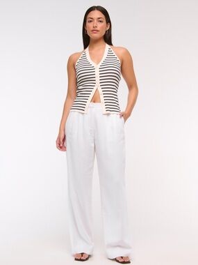 Abercrombie & Fitch White Wide-Leg Linen-Blend Pants